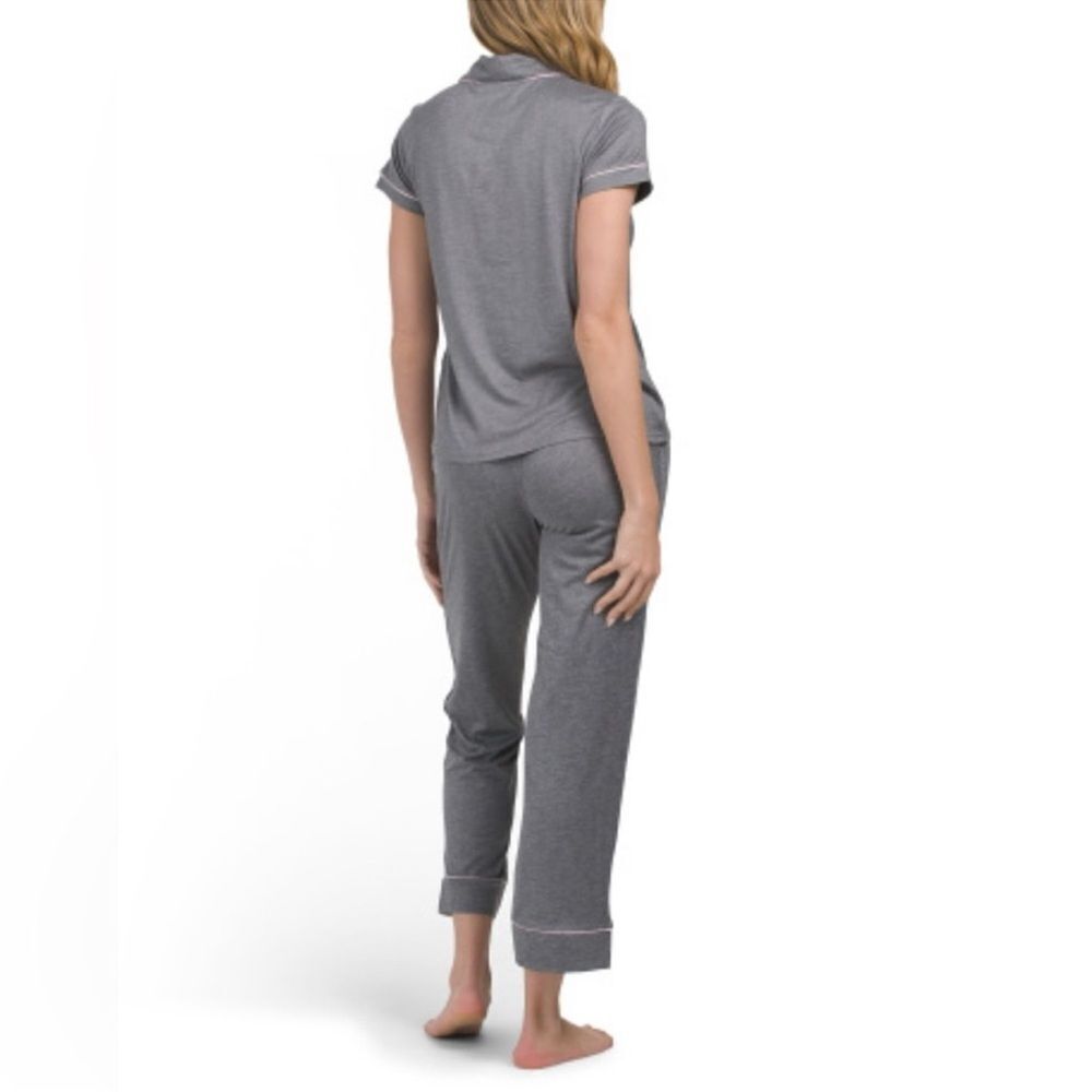 Life is Good L-XL Gray Pink Trim Notch Collar 2 pc Short Sleeve Top Pants PJ Set - Picture 2 of 16